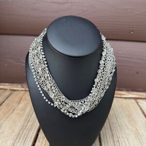 WHBM Silver Tone Multi Strand Layered Statement Necklace Rhinestone Crystal 18"